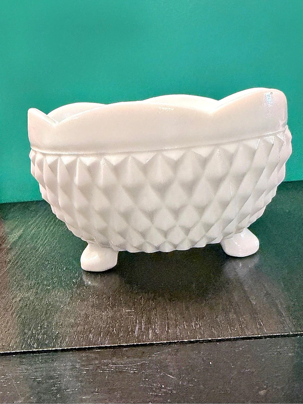 Vintage White Milk Glass Footed Bowl | Diamond Pattern Cottage Farmhouse